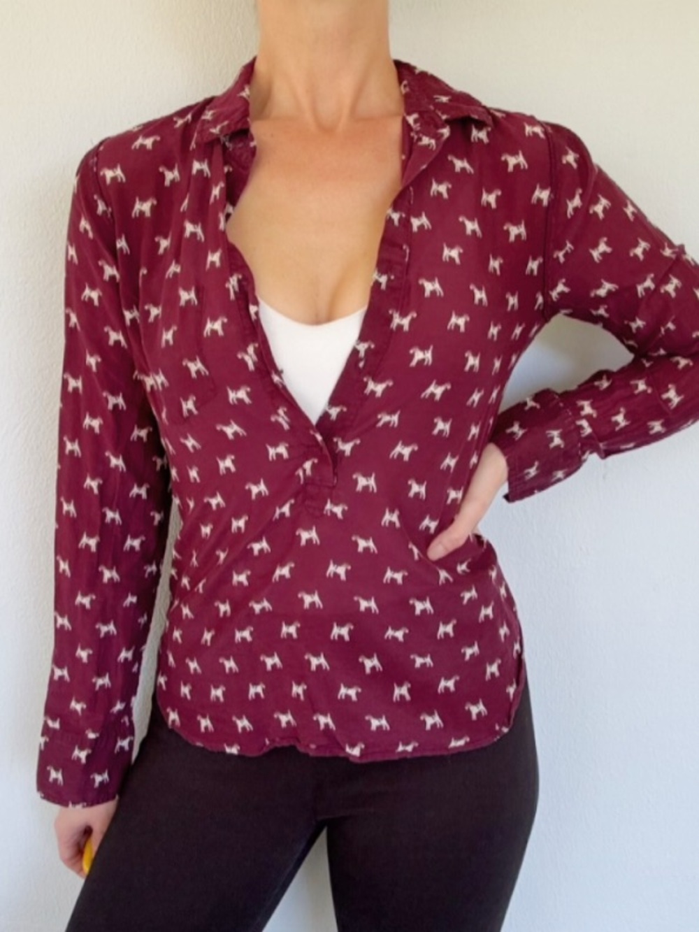 J. Crew maroon red terrier dog print half button collared cotton blouse size 4